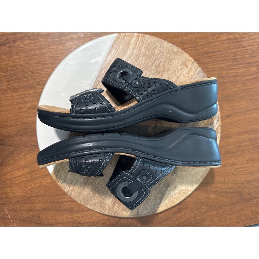 Clarks‎ Bendables Black Leather Slide Sandals Women's 8.5M Comfort Wedge